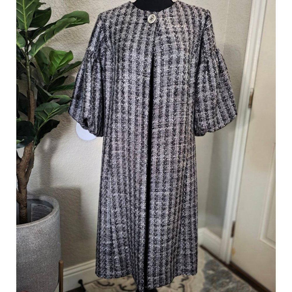 Vtg Women's Spiegel Black White Wool blend Tweed-Pattern Coat 3/4 Puff Sleeves